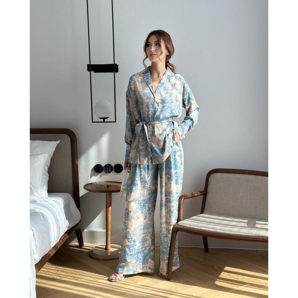 Imprimat, Mânecă lungă, Șireturi, Cămașă, Talie înaltă, Pantaloni cu picior larg, Îmbrăcăminte pentru femei, Set din două piese