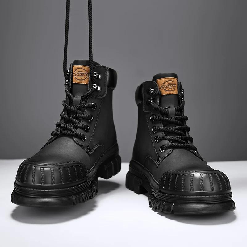 Fashion Italian Handsome Motorcycle Boots Thick Soled Wear-resistant Men's Workwear Boots Trendy Men's Genuine Leather Short Boots
