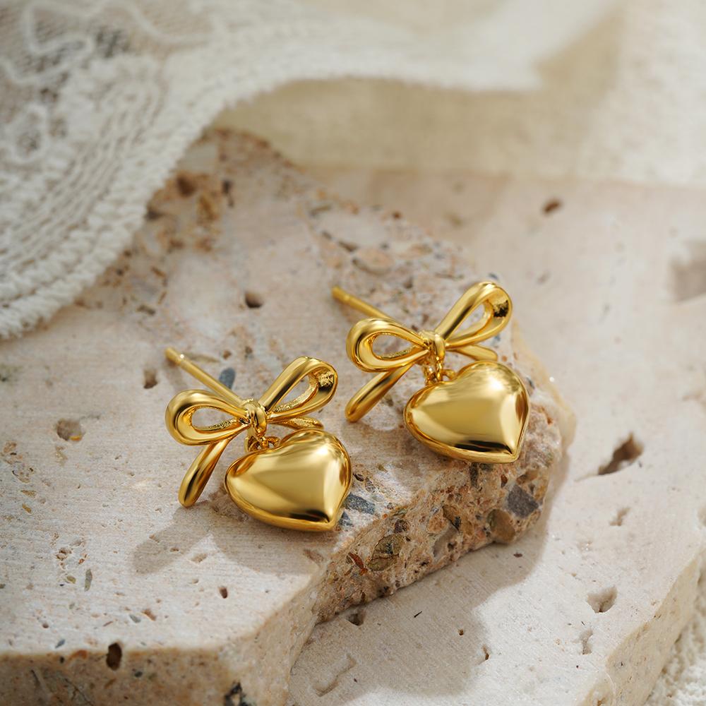 Thick PVD Love Heart Pendant Drop Earrings 18K Gold Plated Bow Knot Non Tarnish Earring Summer Popular Daily Jewelry Gift Bijoux