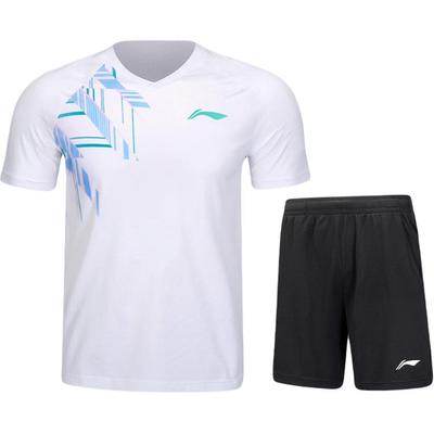 Li Ning Badminton Series Quick-Dry Breathable Logo Pattern V-Neck Short Sleeve T-Shirt And Shorts Casual Sports Set Men Sports Set AATU029-2