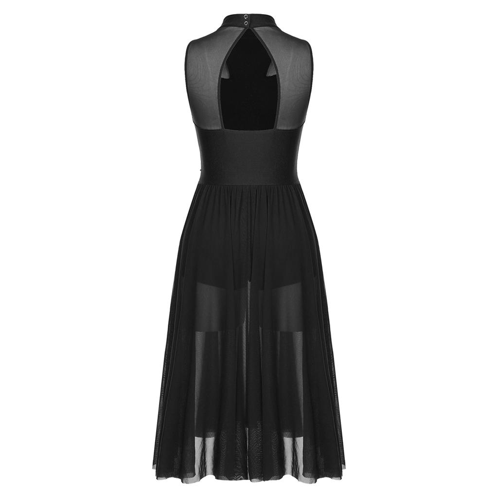 Womens Dance Performance Costume Sparkly Rhinestone Sleeveless Dress Mock Neck Back Keyhole Side Split Dresses