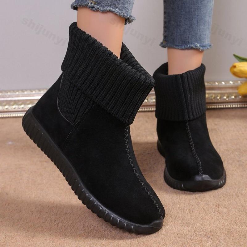 Women's Knitted Short Boots Fashion 2026 Winter Warm Flat Bottom Warm Autumn Shoes Round Toe Casual Shoe Women Boots Botas Mujer