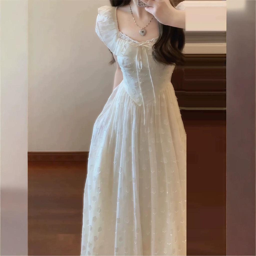 French bubble sleeve white dress women's summer new high-end temperament seaside vacation fairy long dress