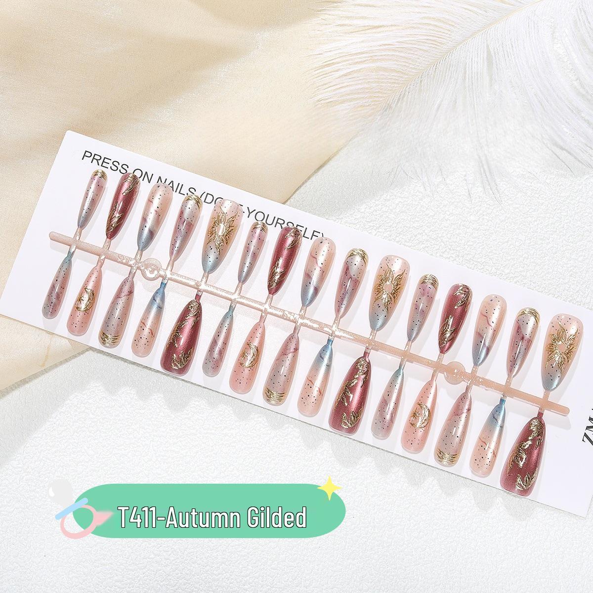 

Autumn Almond Blush Gradient Nail Art with Gold Cat Eye - Luxurious Pre-made Wearable Pieces Full Set S/S/S