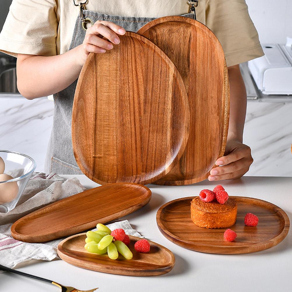 1PC Irregular Oval Wooden Dinner Plate Serving Tray Solid Wood Dinner Plates For Dishes Snack Fruit Dessert Home Decoration