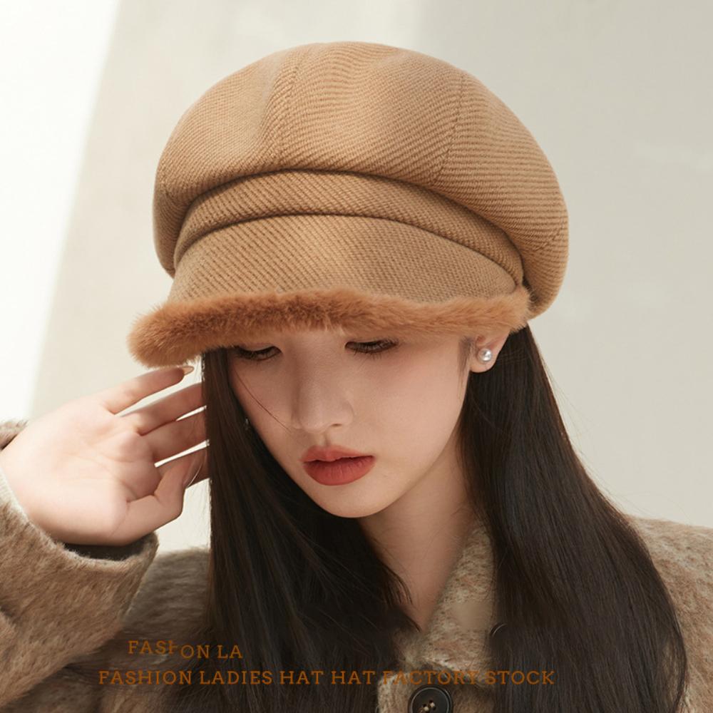 HT4435 Dámské barety Vysoce kvalitní podzimní zimní čepice pro ženy Dámská tlustá kožešinová krempa Osmiboká čepice Dámská umělkyně Malířská baretová čepice