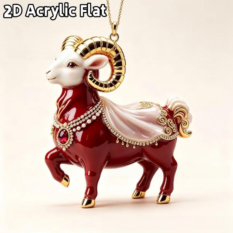 2D Flat Acrylic Christmas Hanging Pendant Red Gold Chinese Zodiac Goat Xmas Tree Ornament New Year Car Pendant