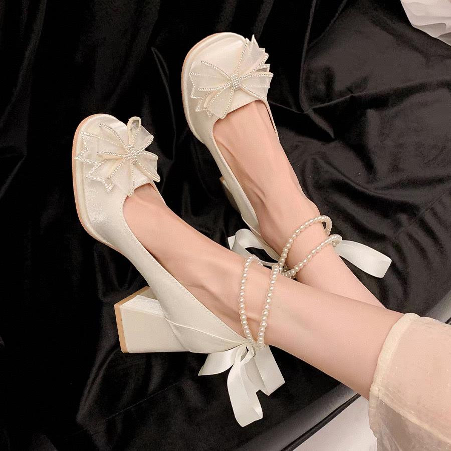 Fashion Bow Block Heel Single Shoes Autumn New Square Toe Shallow Mouth Beaded One Strap Anti-Slip Wear-Resistant High Heels