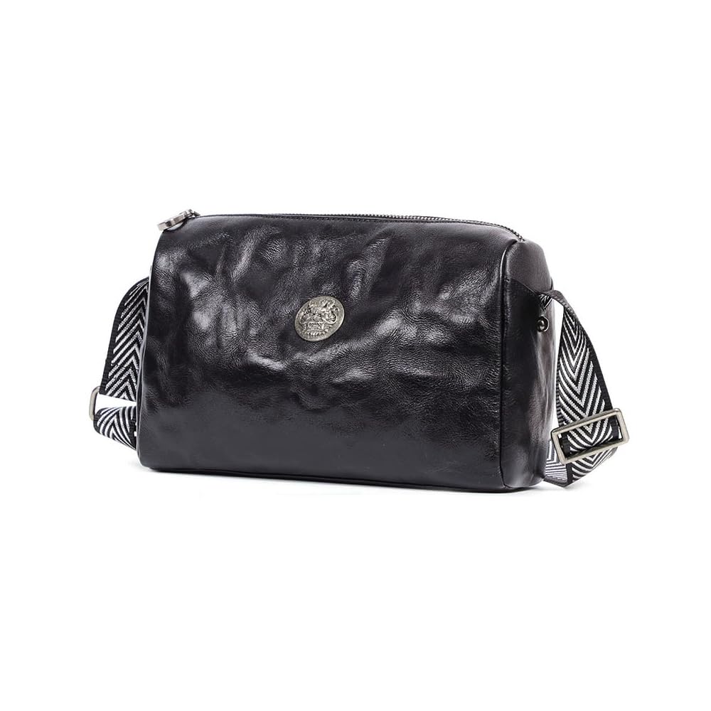 

Whatna Antique-Style Tanned Natural Cowhide Leather One-Shoulder Bag for Men, Crossbody Chest Bag, Clutch, Shoulder Bag, Holds iPad 9.7 (Black),