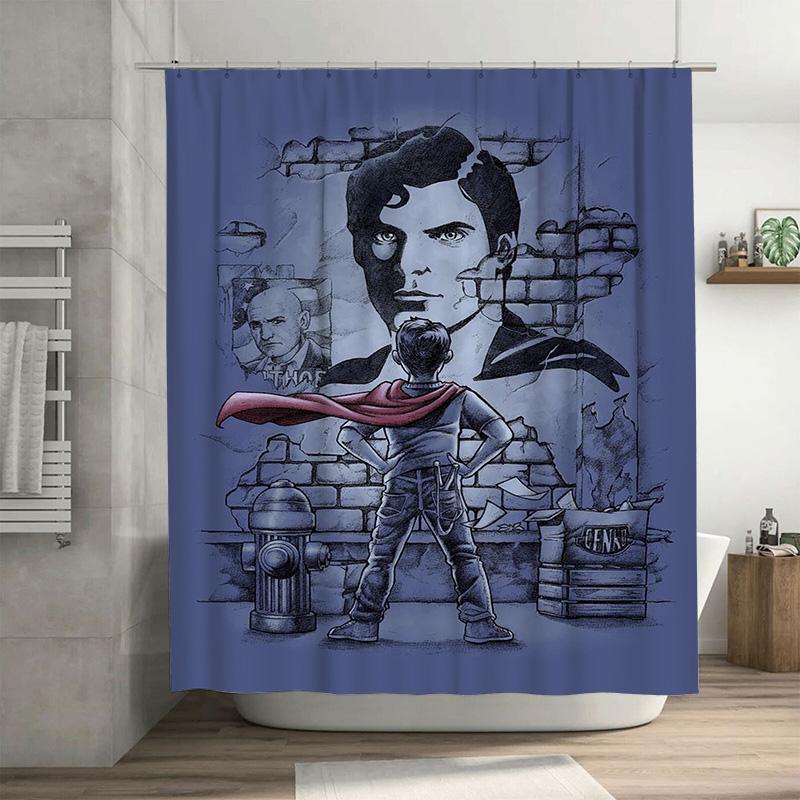 

Superhero Bathroom Decor Shower Curtain With Brick Wall Design Dark Blue Tones Cape Print For Kids Bedroom Home Decoration (128 W60H190(CM)-1 Pcs