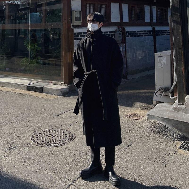Woolen Coat Men's Autumn and Winter Thickened Over-the-knee Coat Korean Style Trendy Lapel Woolen Windbreaker
