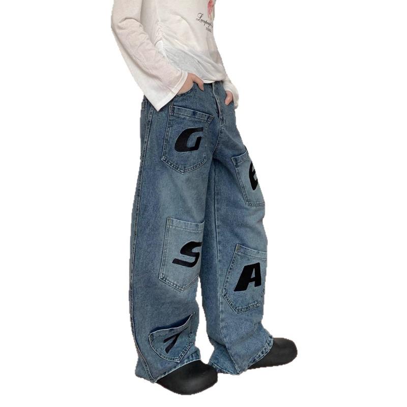 Design Pocket Letter Jeans Women's Summer Splicing Overalls High Street Hip Hop Wide Leg Pants