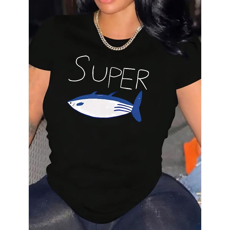 

Women s Short-Sleeve T-Shirt with Fish Print - Breathable Round Neck Casual Blouse, Soft Stretch Fabric Suitable for All- Wear, Machine Washable 4XL чорний