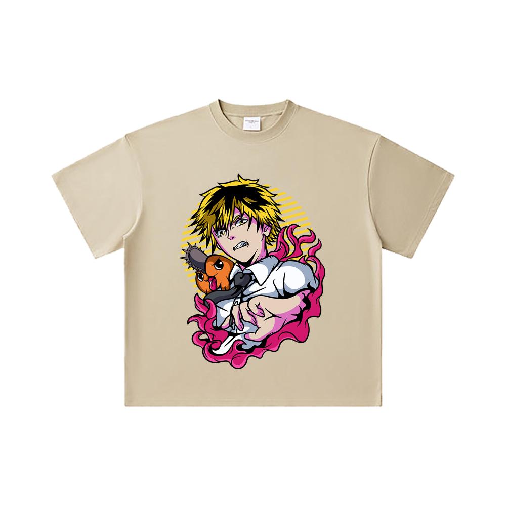 260 GSM Double Yarn 32 Count 100% Cotton Chainsaw Man V4 Denji Pochita Print Unisex Heavy Cotton T Shirt