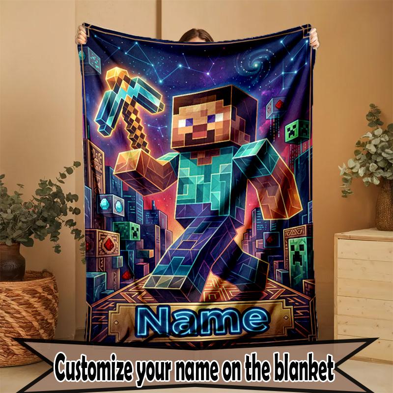 Custom Name Personalized Minecraft Print Blanket, Home Decor, Bedroom, Sofa, Camping, Couch, Gifts for Birthday Christmas