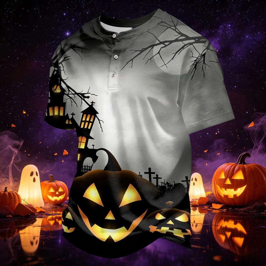 Men's Quick-Dry Neck Short Sleeve T-Shirt with Halloween Print