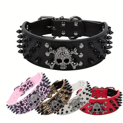 Cooles Punk-Hundehalsband mit Spikes, mit Totenkopf besetztes Leder für große Hunderassen, Golden Retriever, Husky, Border Collie