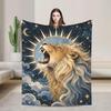 Celestial Lion Flannel Throw Blanket: Cosmic Sun, Moon, Stars (300 GSM)