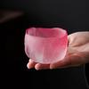Japanese Style Pink Sakura Crystal Glass Teacup – Colored Glaze Sake Cup with Enamel Flower Design and Coaster