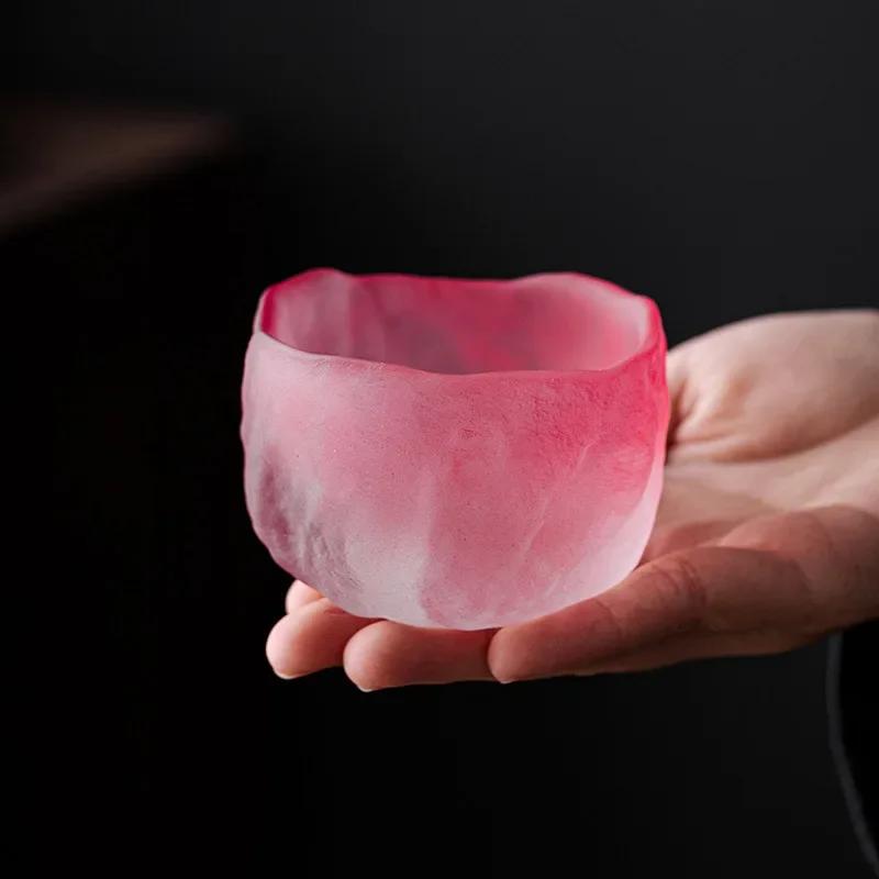 Japanese Style Pink Sakura Crystal Glass Teacup – Colored Glaze Sake Cup with Enamel Flower Design and Coaster