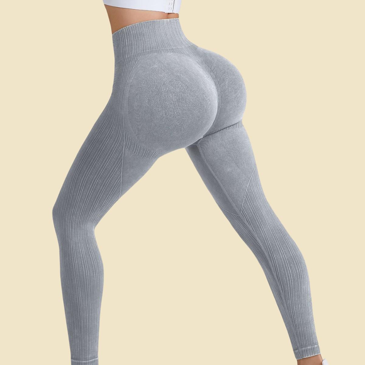 

Бесшовные брюки для йоги с высокой талией - Женские ребристые фитнес-леггинсы L (115-130 lbs) светло-серый