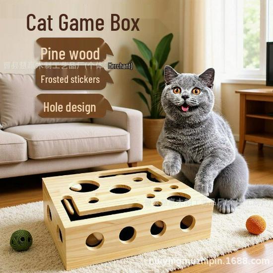 Solid Wood Cat Maze & Scratching Toy Box