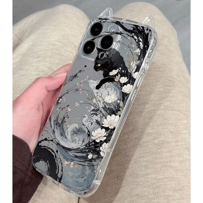 Black Cat Ink Painting Phone Case For iPhone 17 16 15 14 13 12 11 Pro Max XR XS MAX 7 8 PLUS INS Cat Ears Transparent Cover