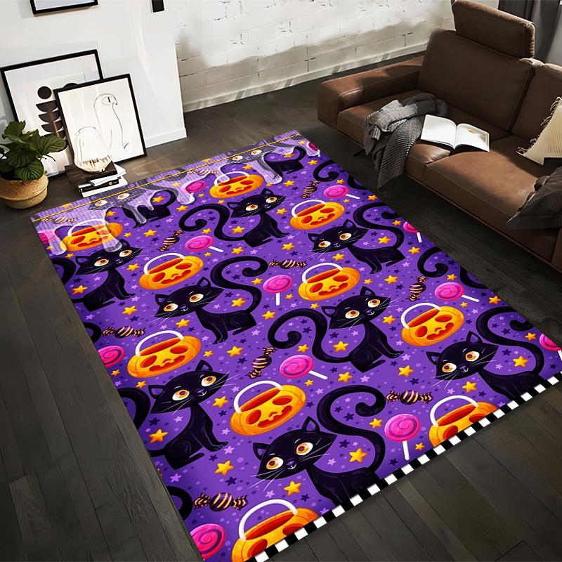 

Halloween-Themed Carpet with Black Cats Candy Pumpkin Buckets Stars on Purple Background Suitable for use as an anti-slip for room and bedroom sofas 40x60cm( 15x23in )