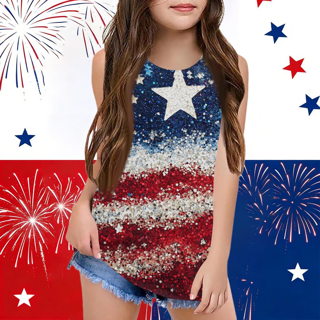 Girls  Kids Summer Crewneck Sleeveless Shirts Tank Tops Independence Day