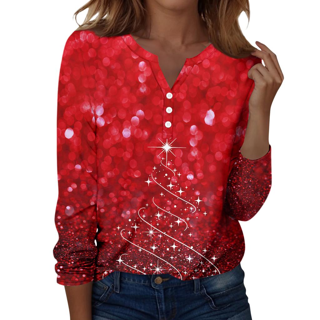Women's T Shirt Tee Christmas Print Button Long Sleeve Daily Weekend Fashion Basic V- Neck Regular Top