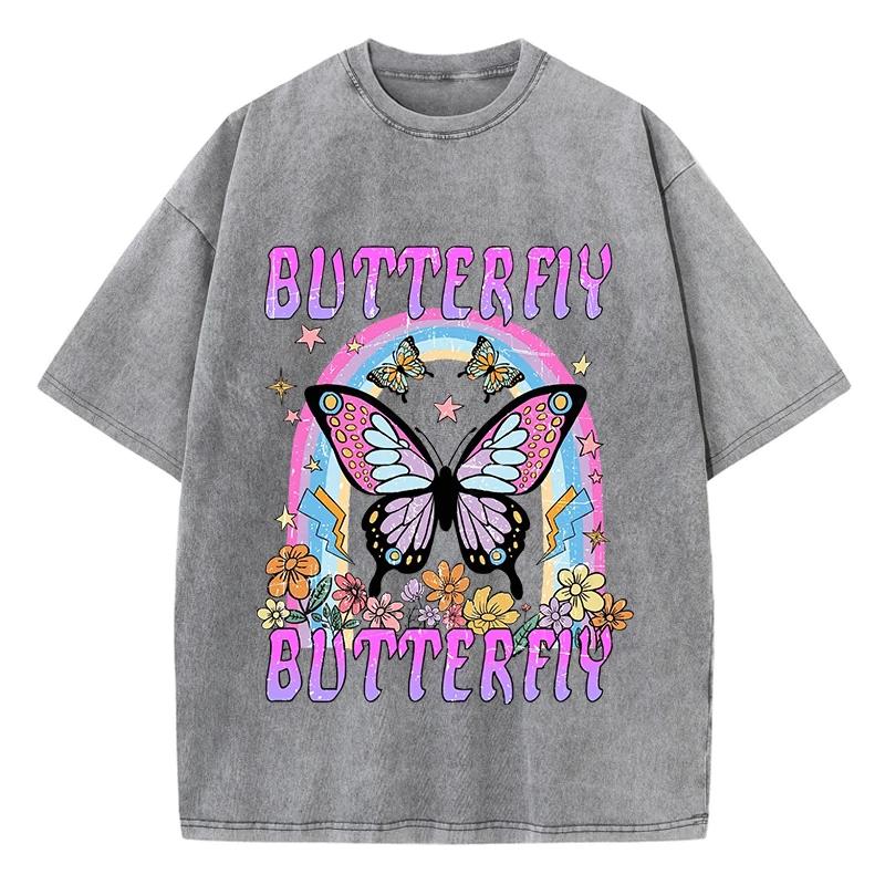 Oversized Women Washed T-Shirts Rainbow And Butterfly Printed Tee Shirts Cotton Oversize Tees Vintage Female Clothes