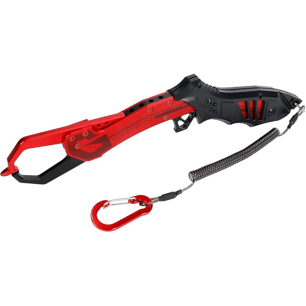 DRESS Grasper Gurkha Fish Grip, Crimson Red, Fishing Grip, with Carabiner and Spiral Cord, Boga Grip, Aluminum Alloy, Lightweight, Suitable for Big Fi