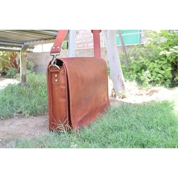 Goat Leather Bag Vintage Genuine Brown Men's Messenger Laptop New Satchel Real