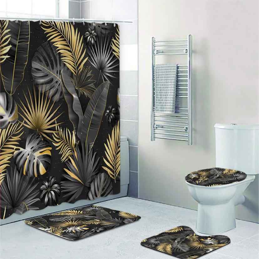 Black And Gold Tropical Plant Palm Leaf Bathroom Shower Curtain Set For Bathtub Exotic Leaves Bath Mats Rugs Toilet Home Decor