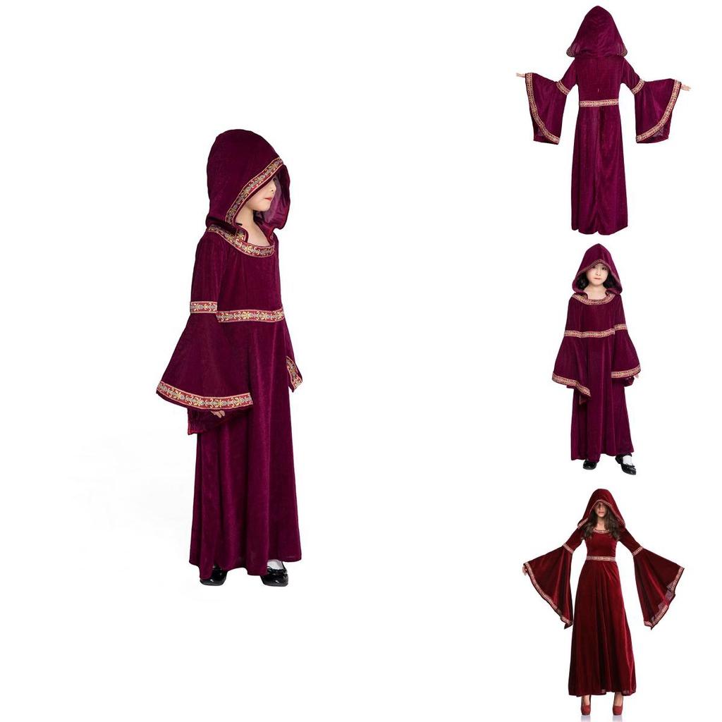 Wine Red Medieval Hooded Cosplay Dress For Women And Girls