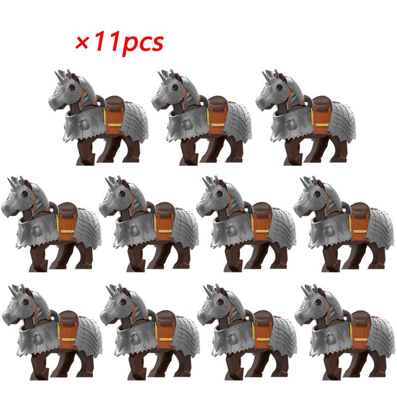 11pcs Medieval Gothic War Horse Building Blocks Silver/Gold/Iron/Armored Horses Battle Steed DIY Bricks Toys