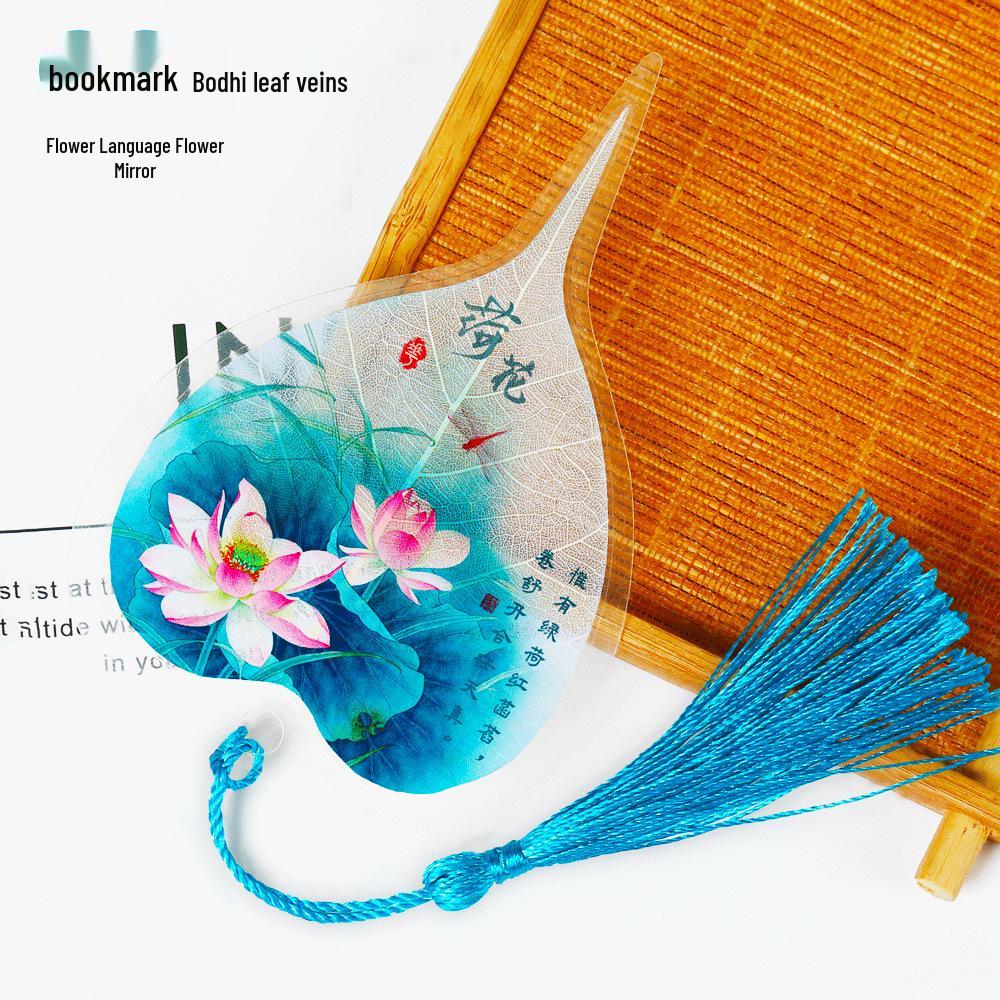 Chinese Bodhi Leaf Bookmark: Floral Ink Wash Style with Peach Blossom, Peony, and Lotus