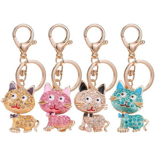 Keychain Pendant 3D Cartoon Cat Design Sparkling Rhinestones Inlaid Key Chain with Lobster Clasp Key Ring Bags Accessories