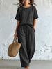 Damen Kurzarm-Oberteil mit Knopfleiste und Hose mit Kordelzug, Zweiteiler, Lässiges lockeres Outfit in Unifarbe