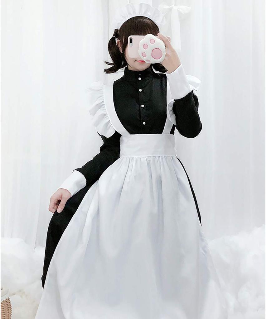 Milky Time Women's Maid Dress, Lolita, Classical Apron, Monochrome, Long Length, Cosplay Costume (Size L)