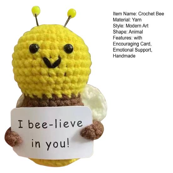 Positive Crochet Bee Doll with Encouraging Card Emotional Support Handmade Knitting Honeybee Animal Toy Decoration Ornament Kids Adults Birthday Gift