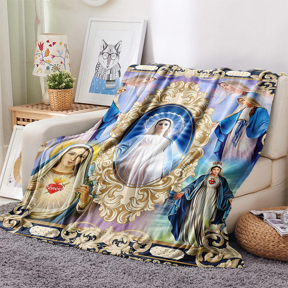 1Pc Virgin Mary Print Flannel Blanket, High quality Comfortable for All Seasons, Home Decor, Warmth and Comfort, Perfect for Christmas Gifts