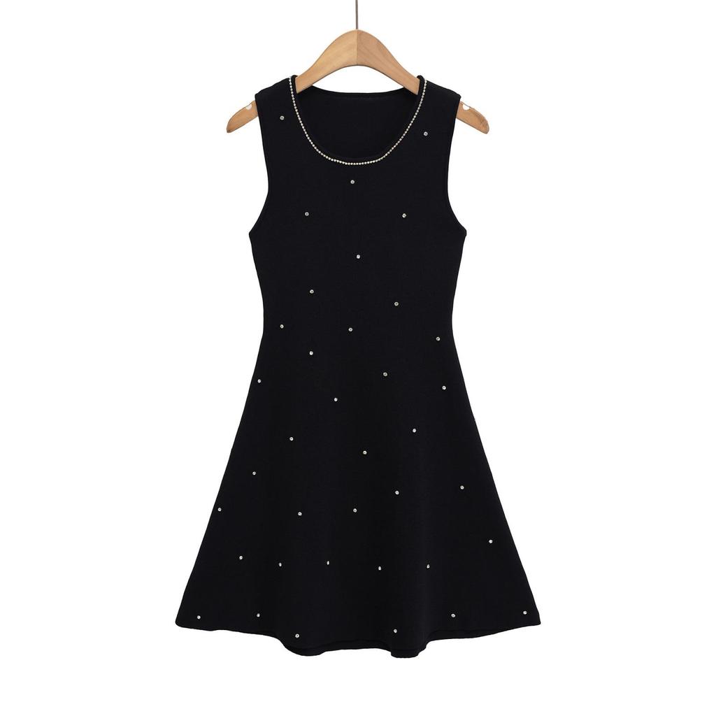 2025 Autumn French Chic Sleeveless Knit Dress with Studs and Rhinestones