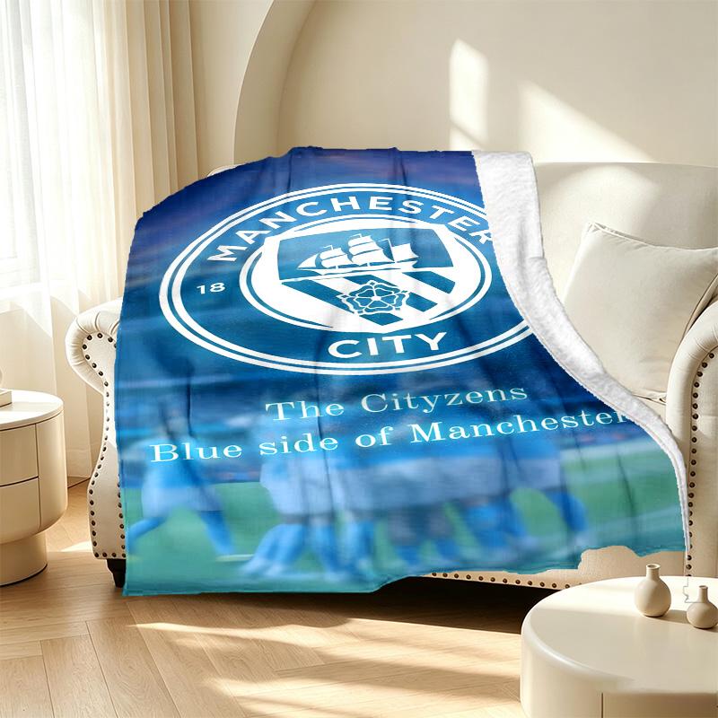 Manchester City FC Pattern Blanket for Home Decoration, Bed, Sofa, Car Travel, Camping, Suitable for All Seasons, Birthday Christmas Gift