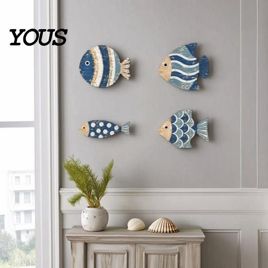 Unique Seaside Cabin Gift 4Pcs/Set Wooden Fish Wall Decor, Coastal Style Art, Distressed Handmade Sculpture Rustic Blue Ornaments for Beach House Home