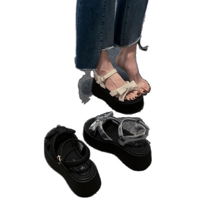 Bow women's sandals 2025 new summer super fire wear high versatile summer thick sole beautiful beach shoes