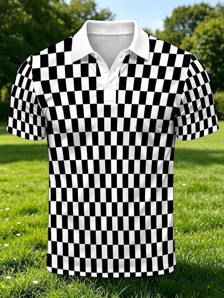 [Printed Design – Not Textured] Classic Black and White Checkerboard Geometric Print Men's Polo Shirt, Smooth Streetwear Vacation Daily Top