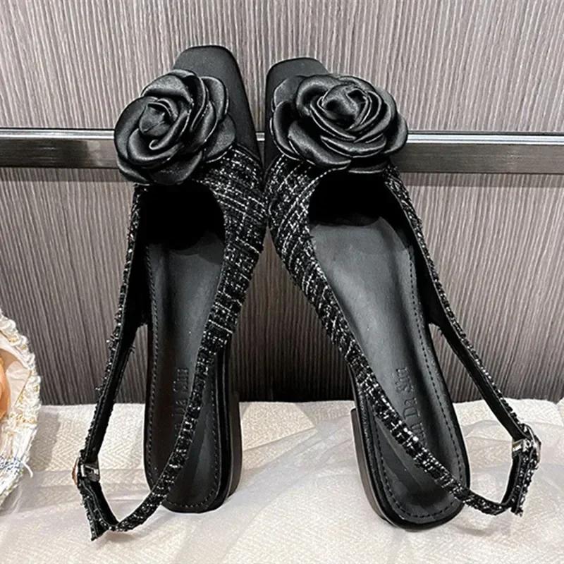 

Fashion Luxury Brand Designer Low Heel Back Strap Flat Sandals Black Flowers Mules Shoes for Women Comforts Summer Elegant Dress Shoes 42 чёрный