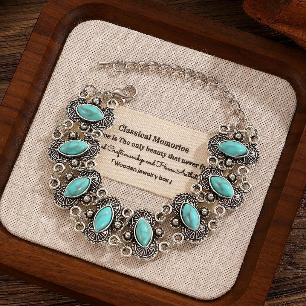 Vintage Boho Rotstein Gliederarmband Silberfarben Ethnisch Inspiriert Verzierter Armschmuck für Damen