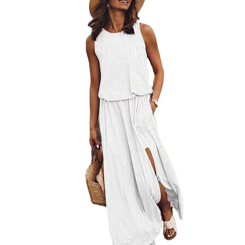 round-Neck Sleeveless Split Dress Loose Solid Color Round Neck Sleeveless Fork Dress